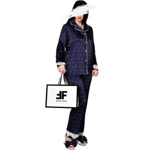 لباس خواب زنانه ست بلوز و شلوار طرح خالدار سورمه ای