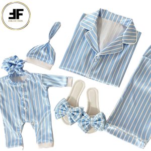 لباس خواب ست مادر و کودک طرح خط دار آبی