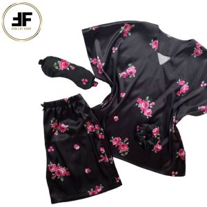 لباس خواب زنانه ست بلوز و شلوارک طرح گلسرخی مشکی