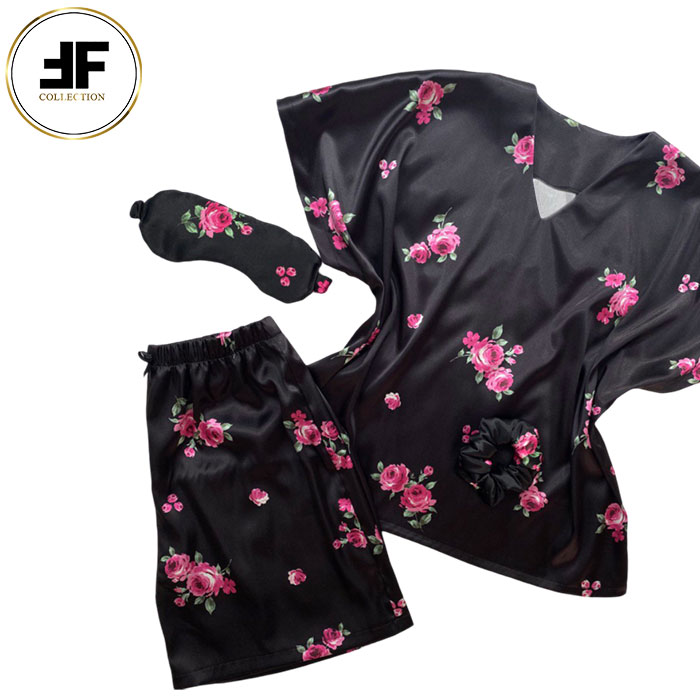لباس خواب زنانه ست بلوز و شلوارک طرح گلسرخی مشکی لباس خواب زنانه ست بلوز و شلوارک طرح گلسرخی مشکی
