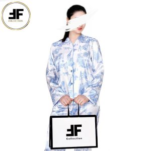 لباس خواب زنانه ست بلوز و شلوار طرح گلدار آبی