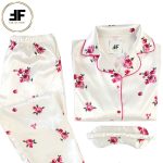 لباس خواب زنانه ست بلوز و شلوار طرح گل سرخی سفید