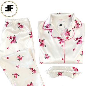 لباس خواب زنانه ست بلوز و شلوار طرح گل سرخی سفید